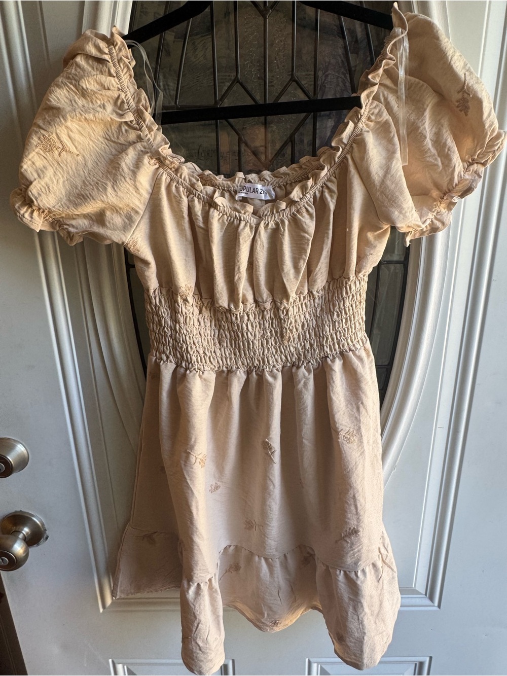 NWT Popular 21 S Beige Embroidered Smocked Puff Sleeve Cottagecore Dress